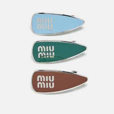 Pre-owned Miu Miu Logo Enamel Silver Tone Hair Clips (set Of 3)