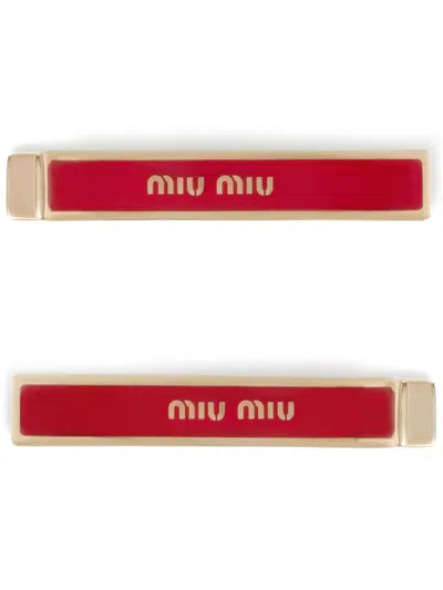 Miu Miu Logo-engraved Hairclip (pack Of Two) In Red