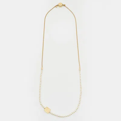 Pre-owned Miu Miu Logo Faux Pearl Gold Tone Necklace