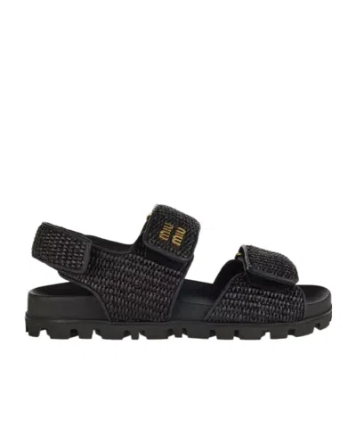 Miu Miu Logo-lettering Interwoven Sandals In Black