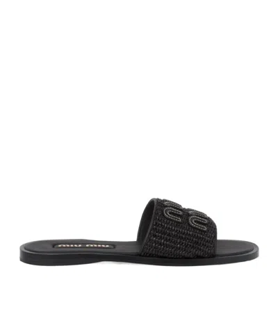 MIU MIU RAFFIA-EFFECT WOVEN FABRIC SLIDES