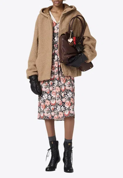 Miu Miu Logo Fleece Zip-up Hooded Sweatshirt In Camel