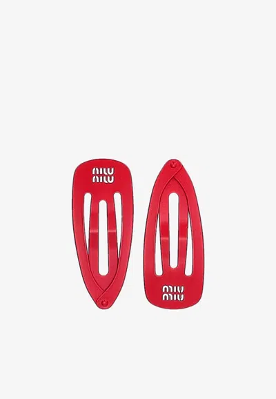 Miu Miu Logo Hair Clips - Set Of 2 In Red