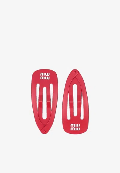 Miu Miu Logo Hair Clips - Set Of 2 In Red