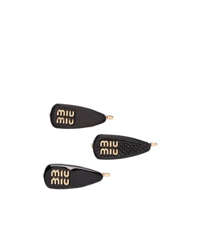 Miu Miu Logo Hairpin Three-piece Set In Negro