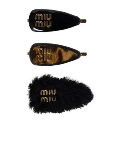 Miu Miu Logo Hairpin Three-piece Set In Black