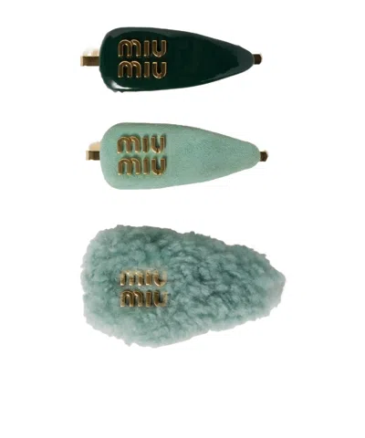 Miu Miu Logo Hairpin Three-piece Set In Green