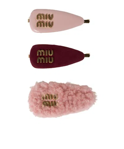 Miu Miu Logo Hairpin Three-piece Set In Pink