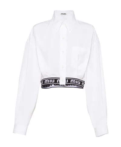 Miu Miu Logo Cropped Cotton Shirt In White