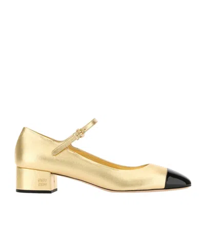 Miu Miu Metallic Leather Mary Jane Pumps In Gold