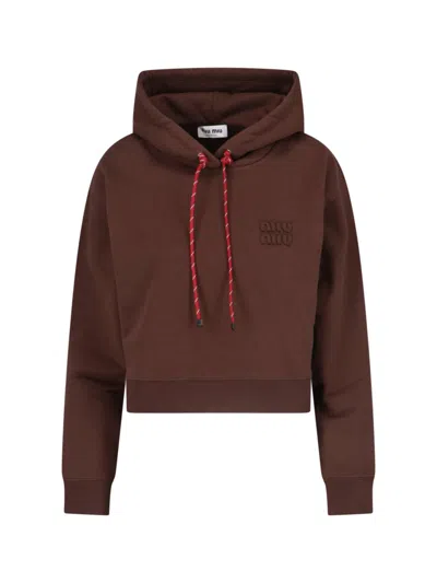 Miu Miu Long-sleeved Hooded Hoodie In Brown