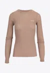 Miu Miu Logo Intarsia Cashmere-blend Sweater In Beige