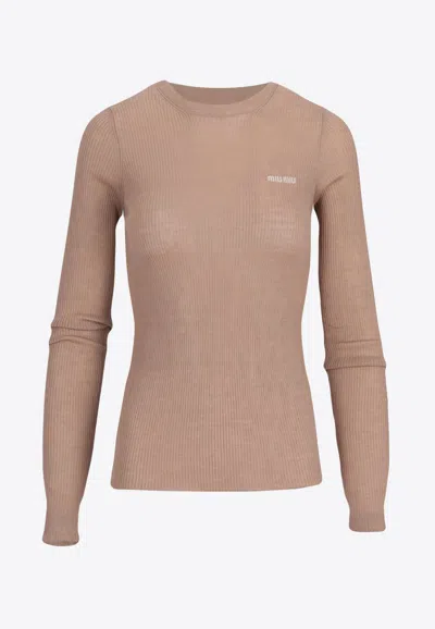Miu Miu Logo Intarsia Cashmere-blend Sweater In Beige