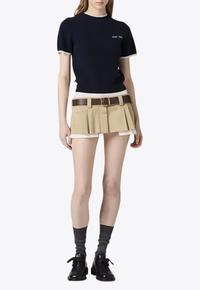 Miu Miu Logo Intarsia Cashmere Knit Cropped Top In Blue