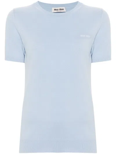 Miu Miu Kaschmiroberteil Mit Intarsien-logo In Blue