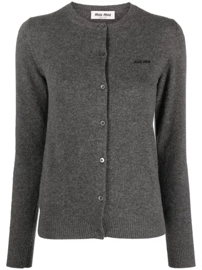 Miu Miu Logo-intarsia Fine-knit Cardigan In Grey