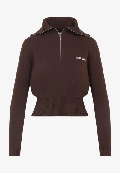 Miu Miu Logo Intarsia Half-zip Sweater In Brown