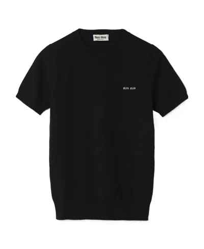 Miu Miu Logo-intarsia Knitted Cashmere Top In Blue
