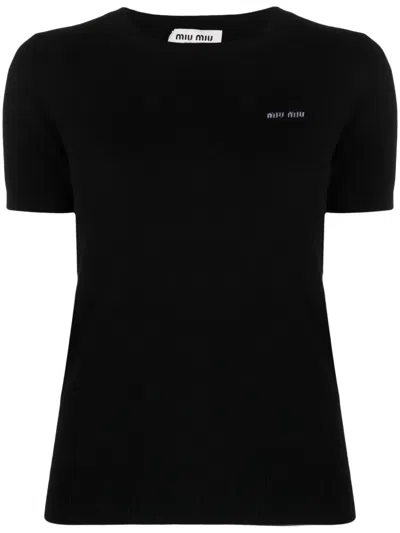 Miu Miu Logo-intarsia Knitted Cashmere Top In Schwarz
