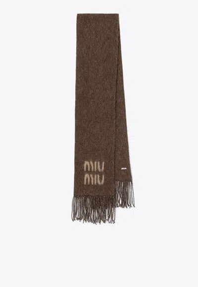 Miu Miu Logo Intarsia Mohair Fringed Scarf In Brown