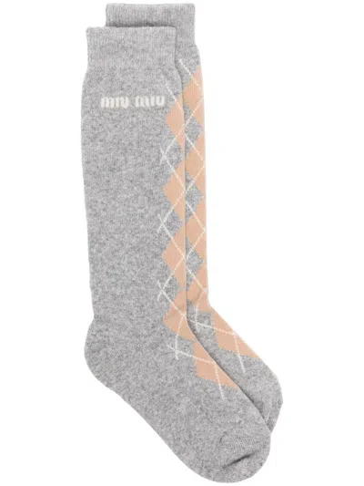 Miu Miu Logo-intarsia Socks In Ardesia