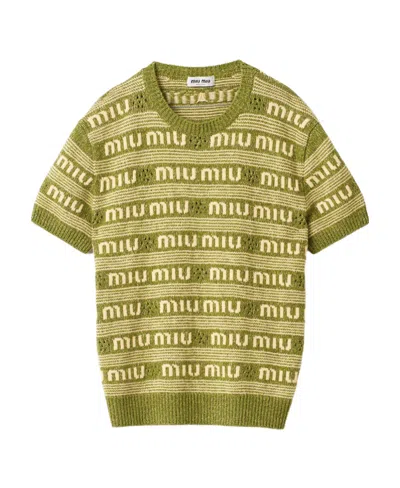 Miu Miu Logo-intarsia Striped Jumper In Green