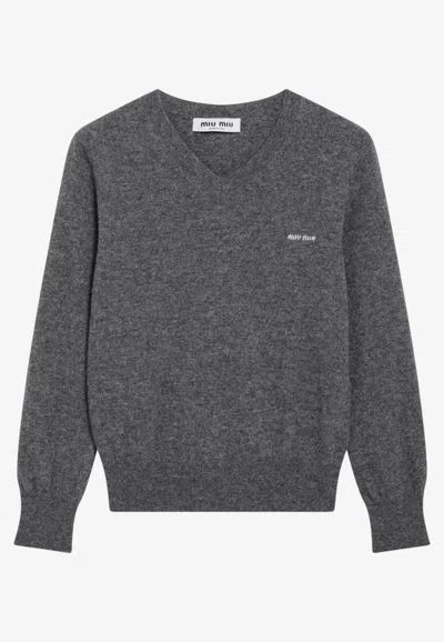 Miu Miu Logo Intarsia V-neck Sweater In Gray