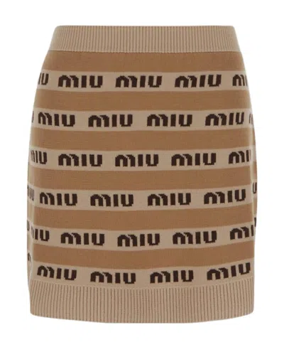Miu Miu Logo-intarsia Wool Miniskirt In Brown