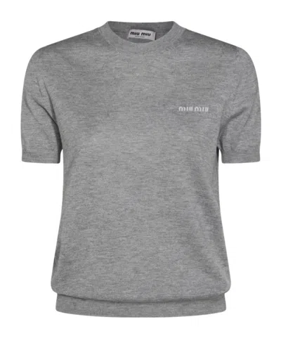 Miu Miu Logo-jacquard Fine-ribbed Top In Gray