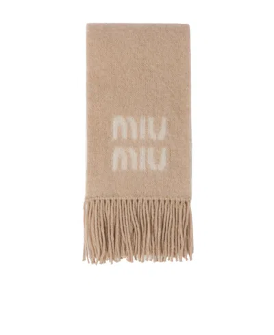Miu Miu Logo-jacquard Fringed Scarf In Nude