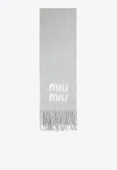 Miu Miu Logo Jacquard Mohair Scarf In Gray