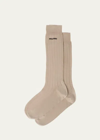 Miu Miu Logo-knit Silk Sock In F0627 Albino