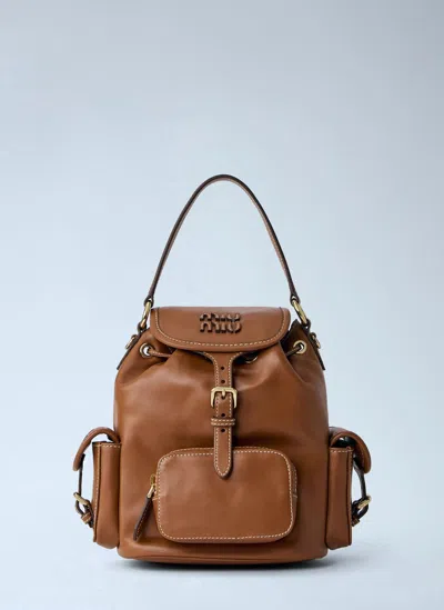 Miu Miu Logo Leather Backpack In Brown