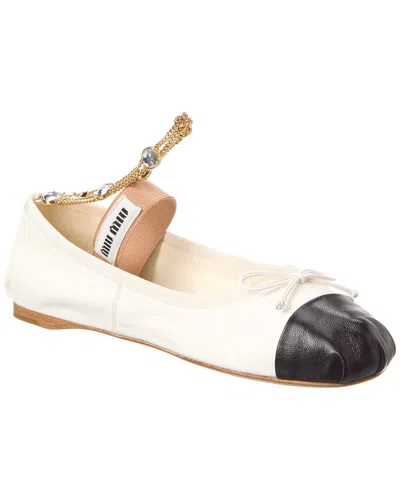 Miu Miu Logo Leather Ballet Flat In White