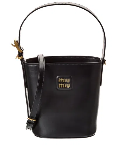 Miu Miu Logo Leather Bucket Bag In Black