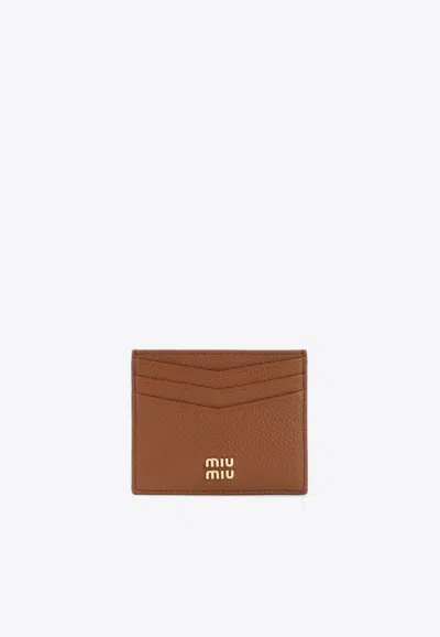 Miu Miu Logo Leather Cardholder In Brown