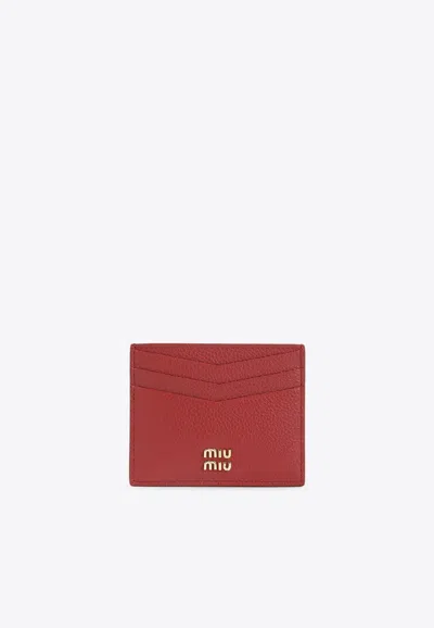 Miu Miu Logo Leather Cardholder In Red