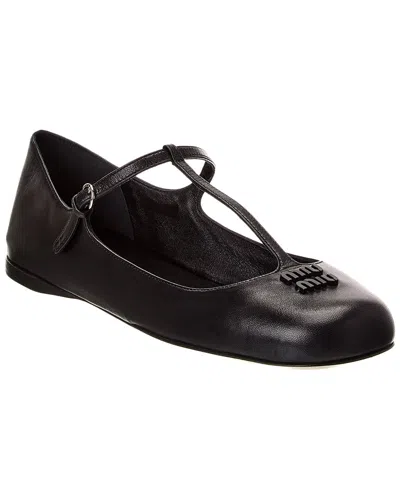 Miu Miu Logo Leather Flat In Black