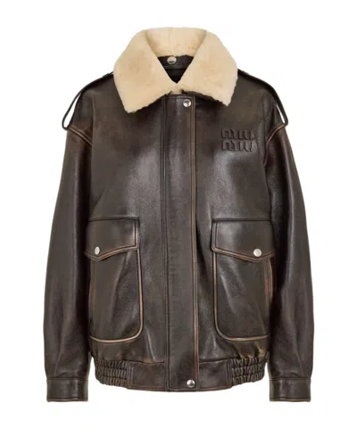 Miu Miu Logo Leather Jacket In Brown