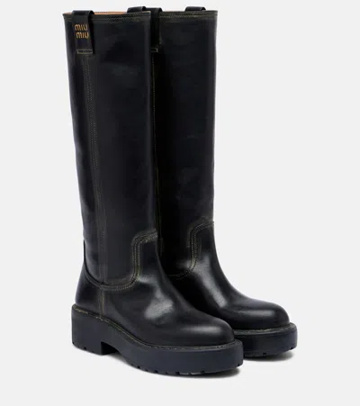 Miu Miu Knee High Boots Buckle Detail Chunky Sole In Black