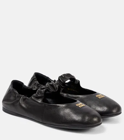Miu Miu Logo Leather Mary Jane Flats In Black
