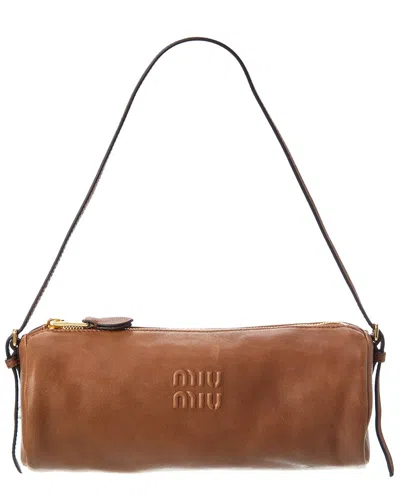 Miu Miu Logo Leather Pouch In Brown