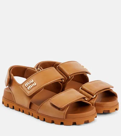 Miu Miu Logo Leather Sandals In Brown