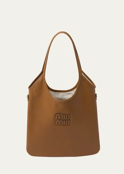 Miu Miu Logo Leather Tote Bag In Brown