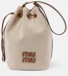 Miu Miu Logo Leather-trimmed Bucket Bag In Beige