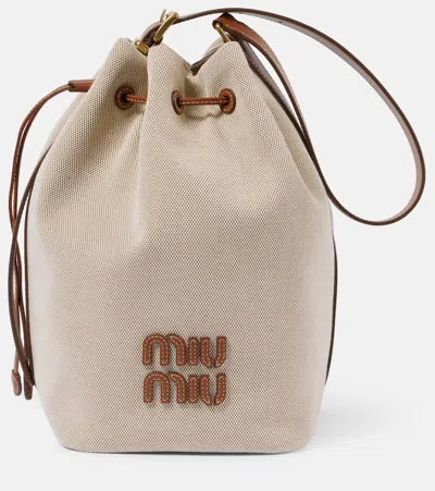 Miu Miu Logo Leather-trimmed Bucket Bag In Neutral