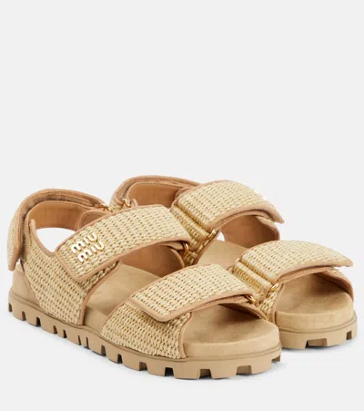 Miu Miu Logo Leather-trimmed Raffia Sandals In Beige