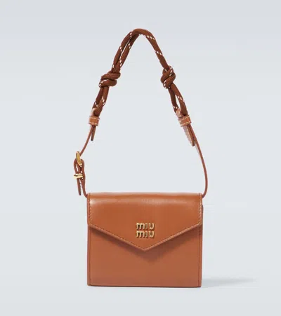 Miu Miu Logo Leather Wallet With Strap In Orange