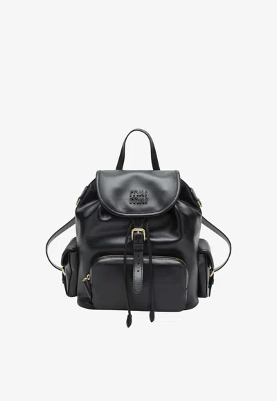 Miu Miu Logo Lettering Leather Backpack In Black