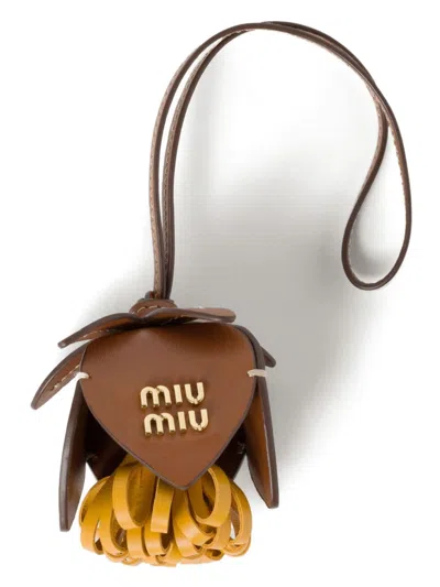 Miu Miu Logo-lettering Leather Bag Charm In Brown